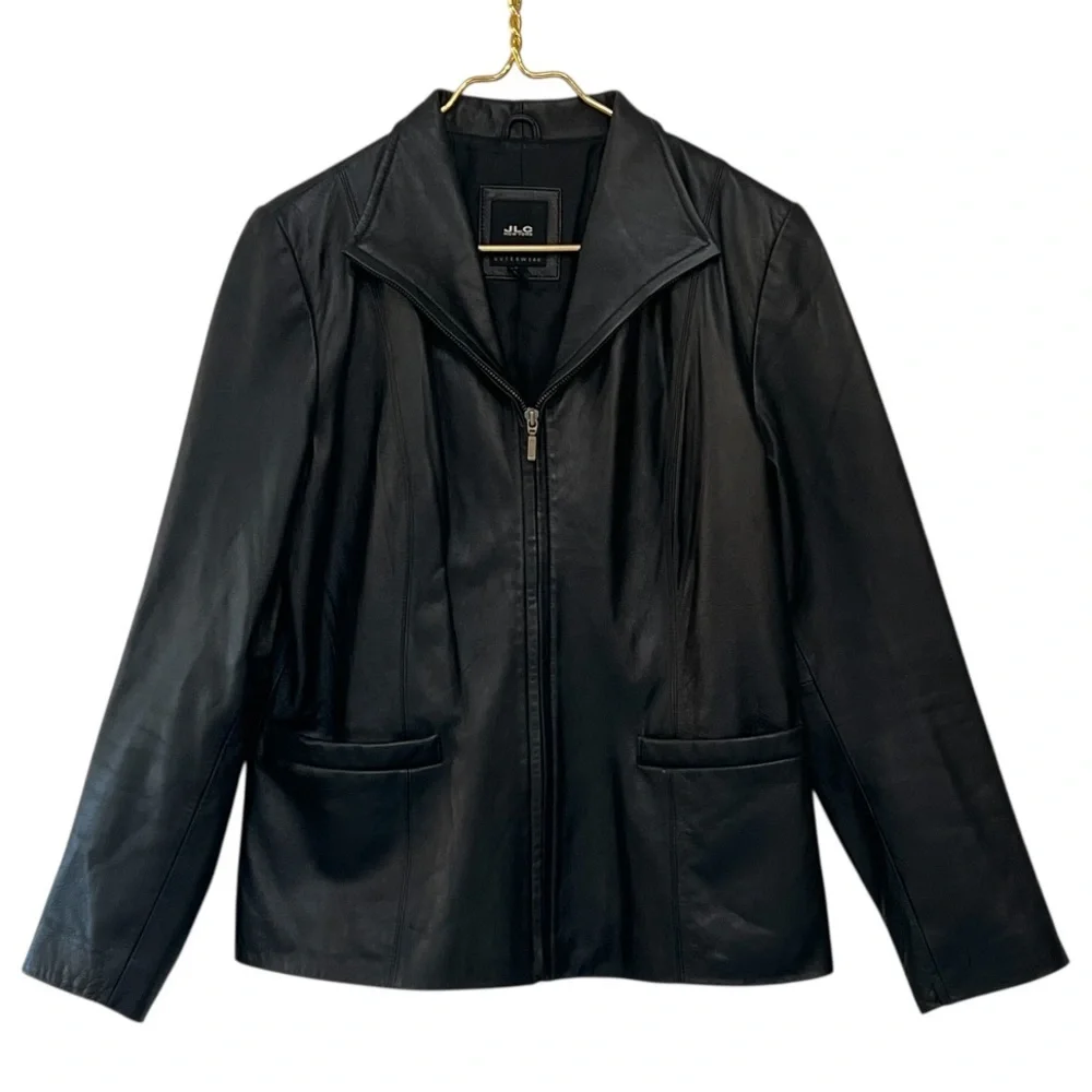 JLC New York Black Leather Zip Front Jacket Collared Fully Lined Size M